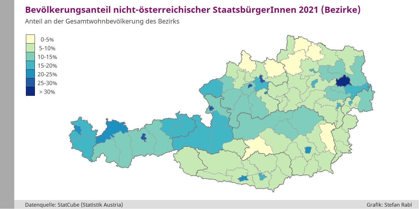 Karte: Bevölkerungsanteil nicht-österreichischer Staatsangehöriger in den Bezirken
