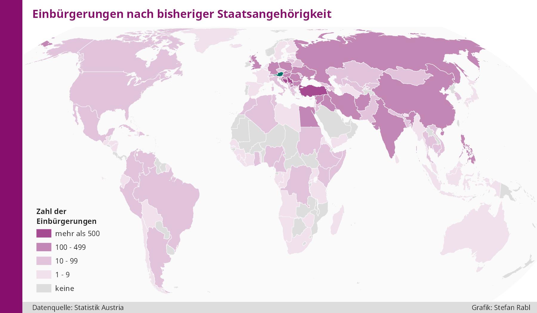 Karte (Welt): Einbürgerungen nach bisheriger Staatsangehörigkeit 2020